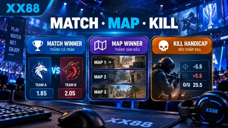 Các loại kèo Match Map và Kill trong Esports XX88